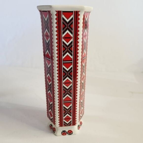 Ukrainian Arts by Stefania Red White Folk Art Patterned Vase Maximalist Eclectic - Picture 10 of 11